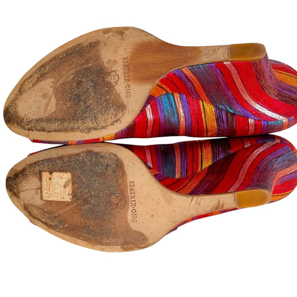 Beatrix Ong Satin Striped Wedge Heel Women's SZ 39 Rainbow Art Luxury Whimsy Fun - Picture 8 of 13